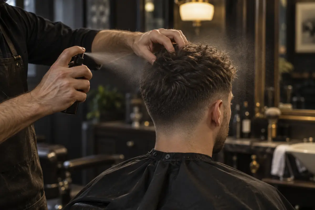 Barber applying a light styling mist