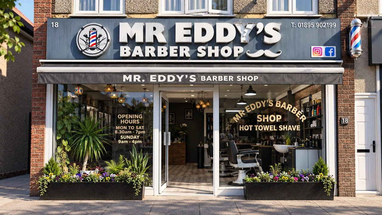 Mr Eddy's Barber Shop storefront in daylight